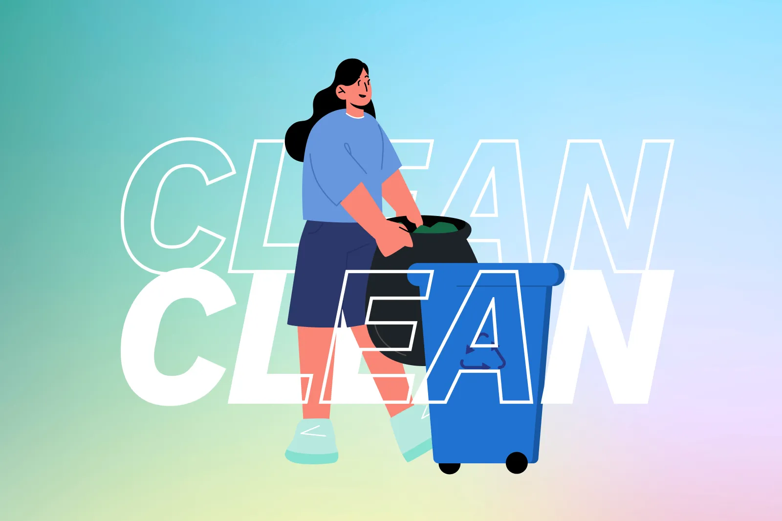 Illustration of a facility cleaning crew hauling a trash bin, with a word "Clean" in froreground