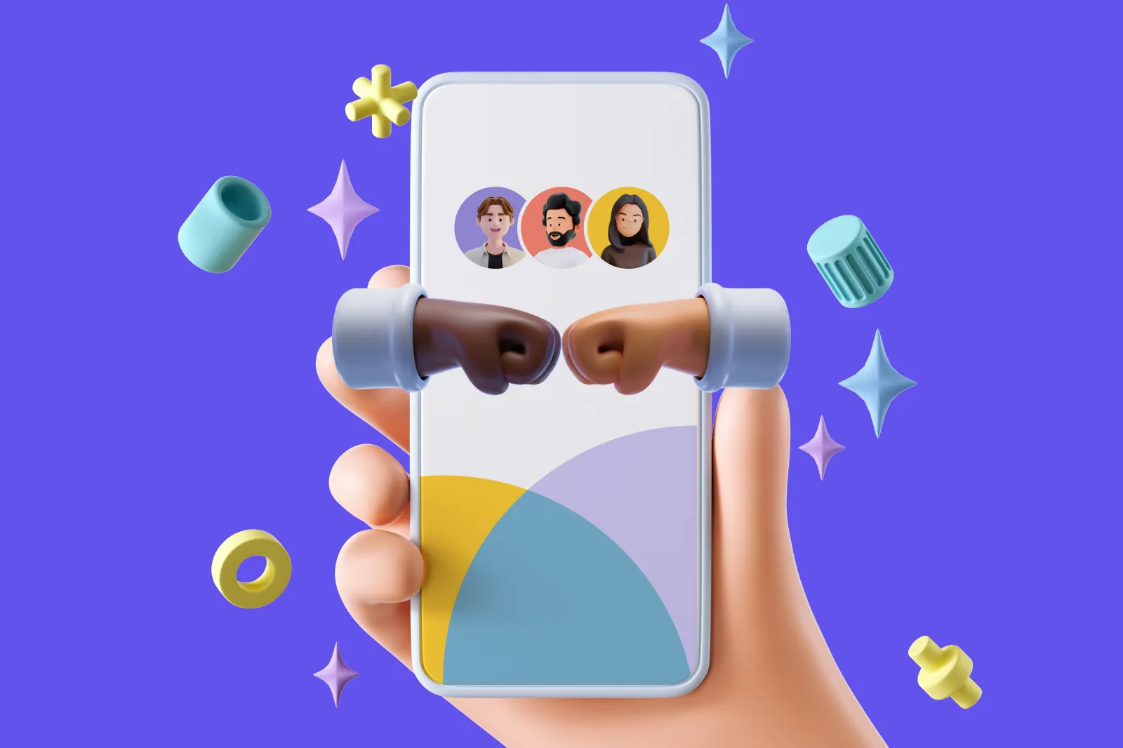 3d hand holding a phone whose screen celebrates a task completion
