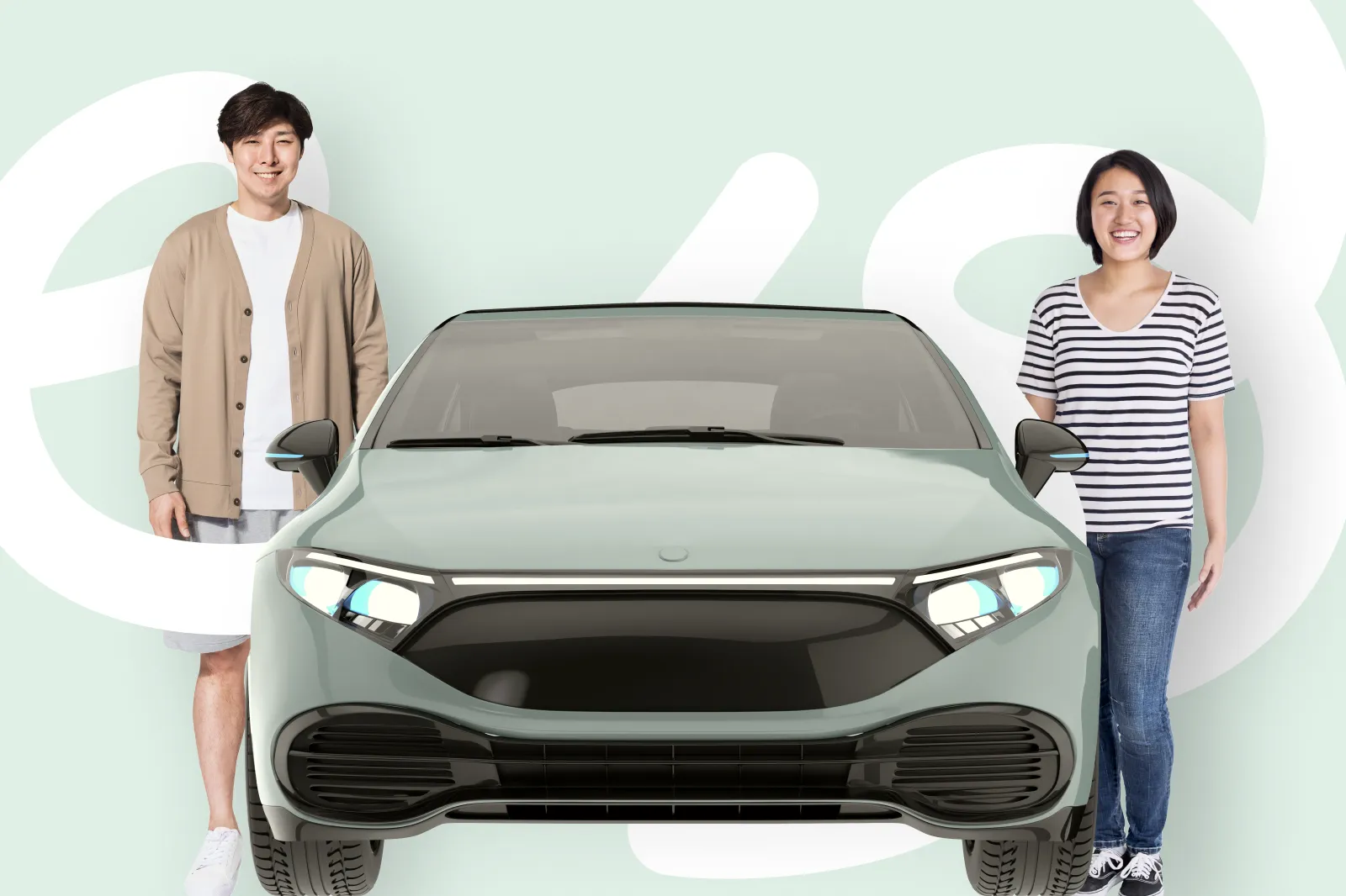 Korean man and woman standing next to an electric car