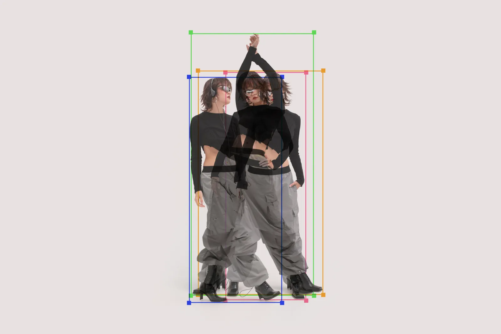 Overlapping images of a dancing woman, same person in 4 poses