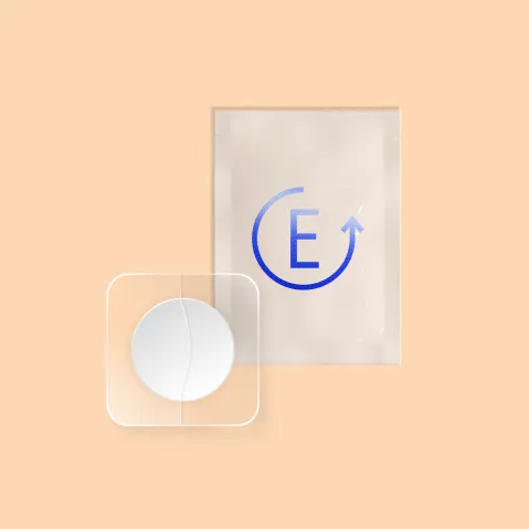 Product mockup image: Estradiol patch in Evernow-branded sachet